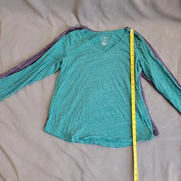 KOHLS SONOMA Shirt Womens Large Vneck Long Sleeve Green Purple Curved Hem 2PC - Picture 5 of 13